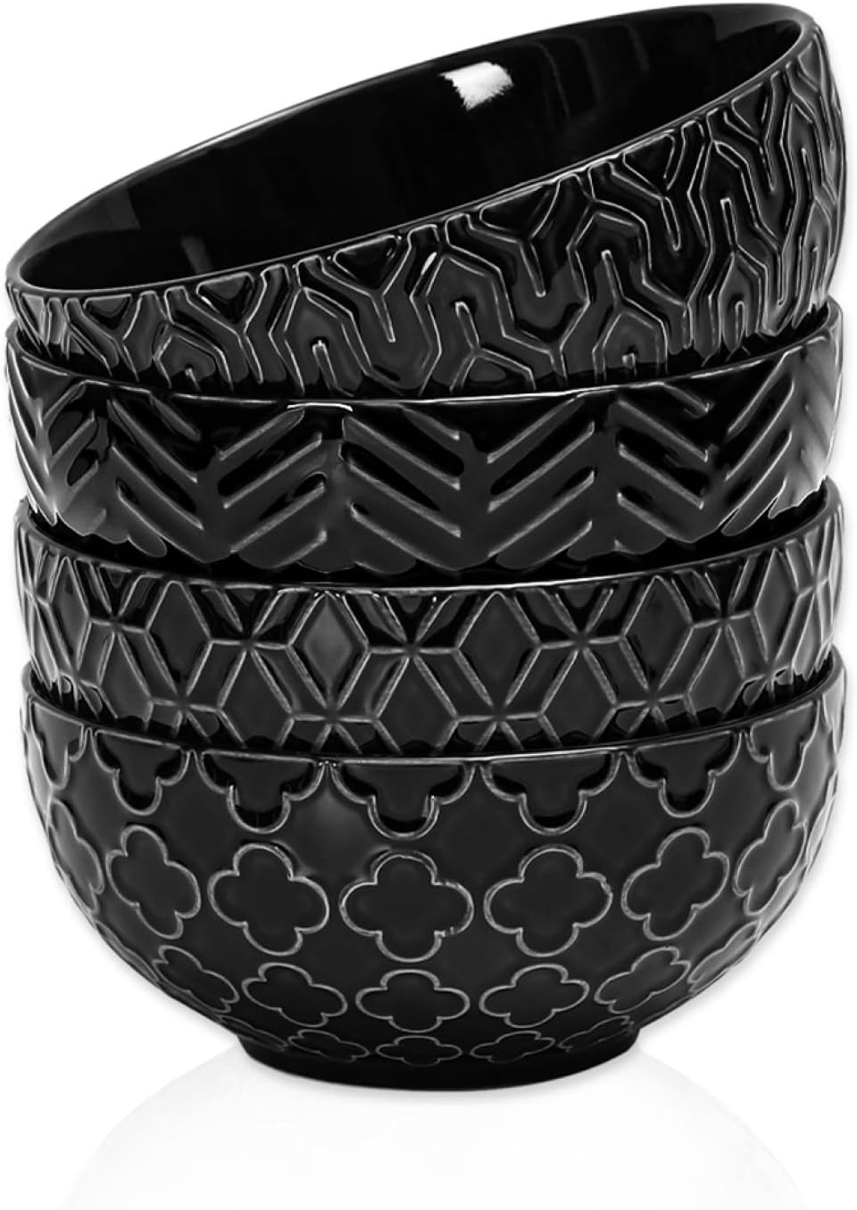 Sureasy Ceramic Cereal Bowls Set of 4, 5.9 Inch Deep Soup Bowls for Kitchen, 25 oz Embossed Stoneware Bowls for Pasta, Salad, Oatmeal, Noodle, Ramen, Microwave Dishwasher Safe, Set of 4, Black