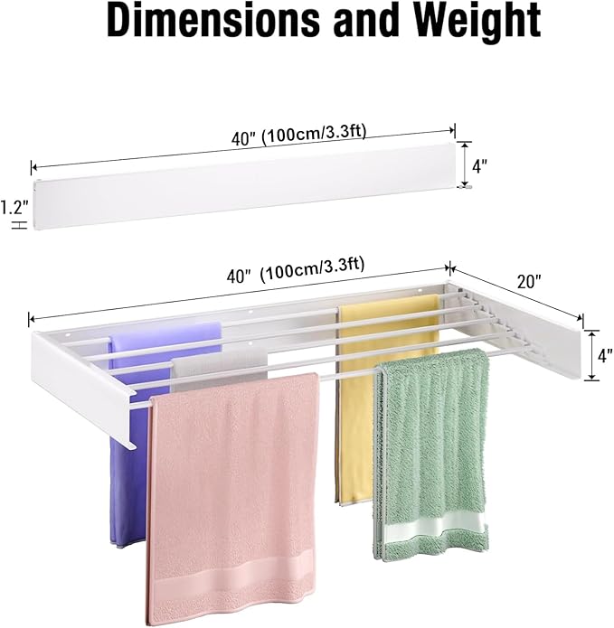 Wall Mounted Drying Rack 40",Laundry Drying Rack Collapsible, Retractable Clothes Drying Rack, 5 Aluminum Rods, 60 lb Capacity, with Wall Template, Screw, Drill Bit (White 40" Large)