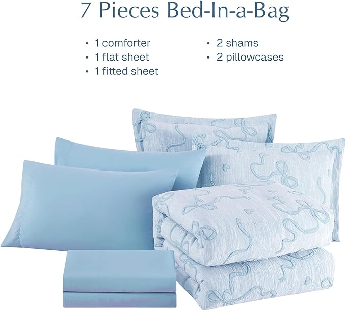Geniospin Light Blue Full Comforter Set for Girls- 7 Pieces Bowknot Jacquard Bed in A Bag Full Bedding Sets with Sheets, Pillowcases & Shams, All Season Kids Comforter Set