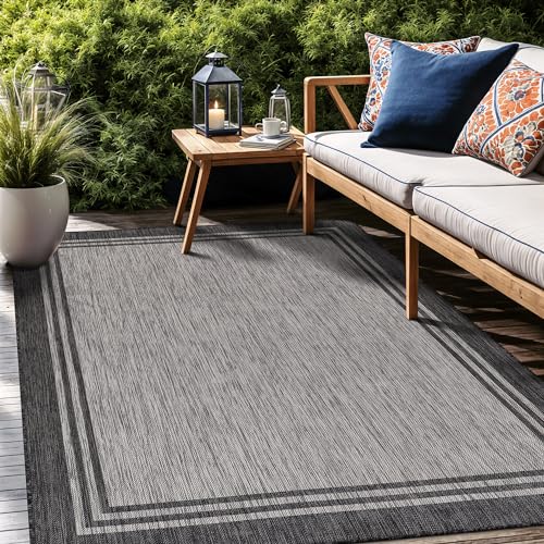 Bordered Outdoor Rug 8x10 Washable Outside Carpet for Indoor Patio Porch Waterproof Easy Cleaning Non Shedding Area Rugs Dark Gray 8 x 10