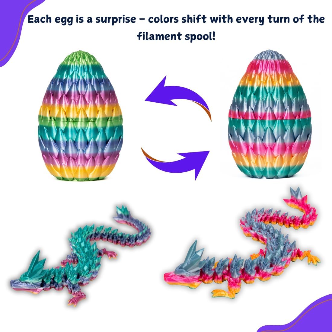 3PCS 3D Printed 12” Articulated Crystal Dragon Inside 5.1” Egg – Fantasy Collectible, Fidget Toy & Stocking Easter Basket Stuffers for Home & Office Decor (3pcs - Rainbow)