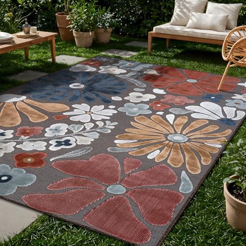 Outdoor Rug 10x14 Large Modern Floral Tropical Area Rugs for Outdoor and Indoor Patio Easy to Clean Non Shedding Living Room Porch Garden Washable Outside Carpet