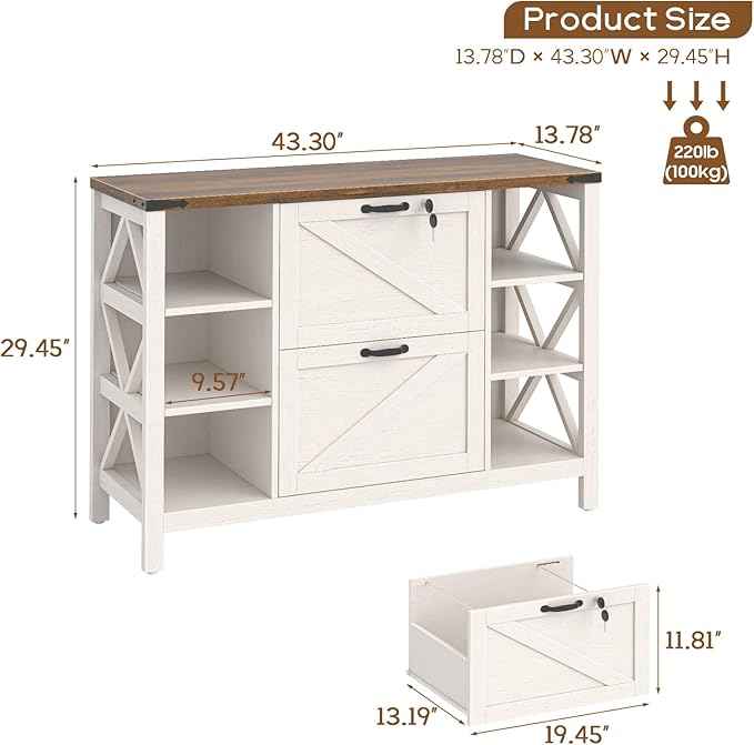 Vabches File Cabinet with 2 Drawers, Farmhouse Lateral File Cabinet Fits Files Letter/A4/Legal Size, Wooden Filing Cabinet with 4 Adjustable Shelves Printer Stand for Home Office, Rustic White