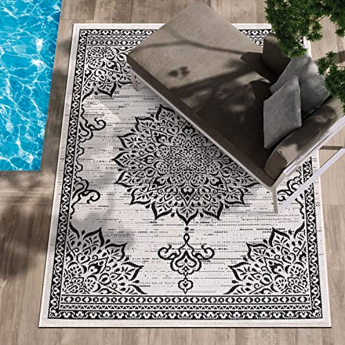Outdoor Rug 5x7 Medallion White Black Modern Area Rugs for Indoor and Outdoor Patios