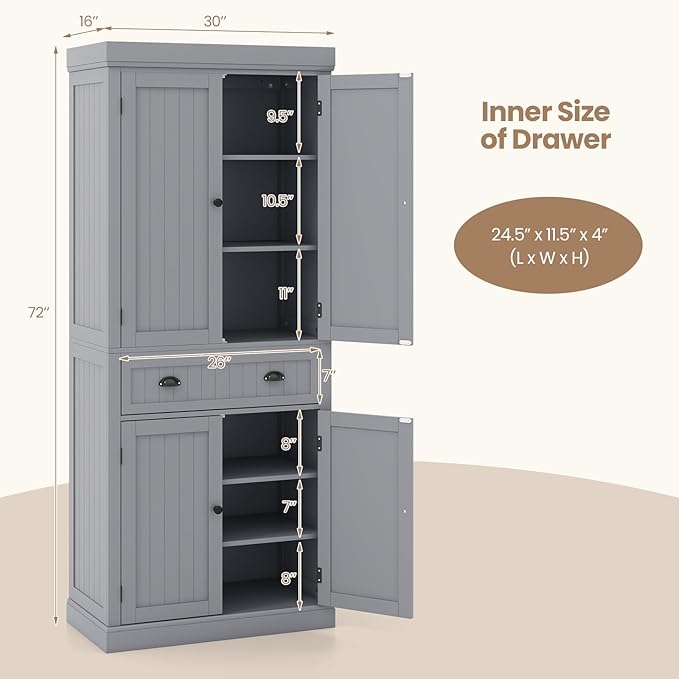 Nightcore Kitchen Pantry Cupboard, 6ft Wood Cupboard w/ 4 Adjustable Shelves, 2 Wood Pantries, & 1 Drawer, Utility Storage Cabinet for Kitchen, Hallway, Living Room, Bathroom (Grey)