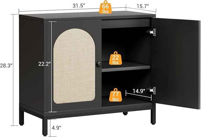 GarveeHome Rattan Sideboard Buffet Cabinet Set of 2, Boho Accent Kitchen Storage Liquor Bar Console Cabinet with Adjustable Shelf for Living Room, Hallway, Black