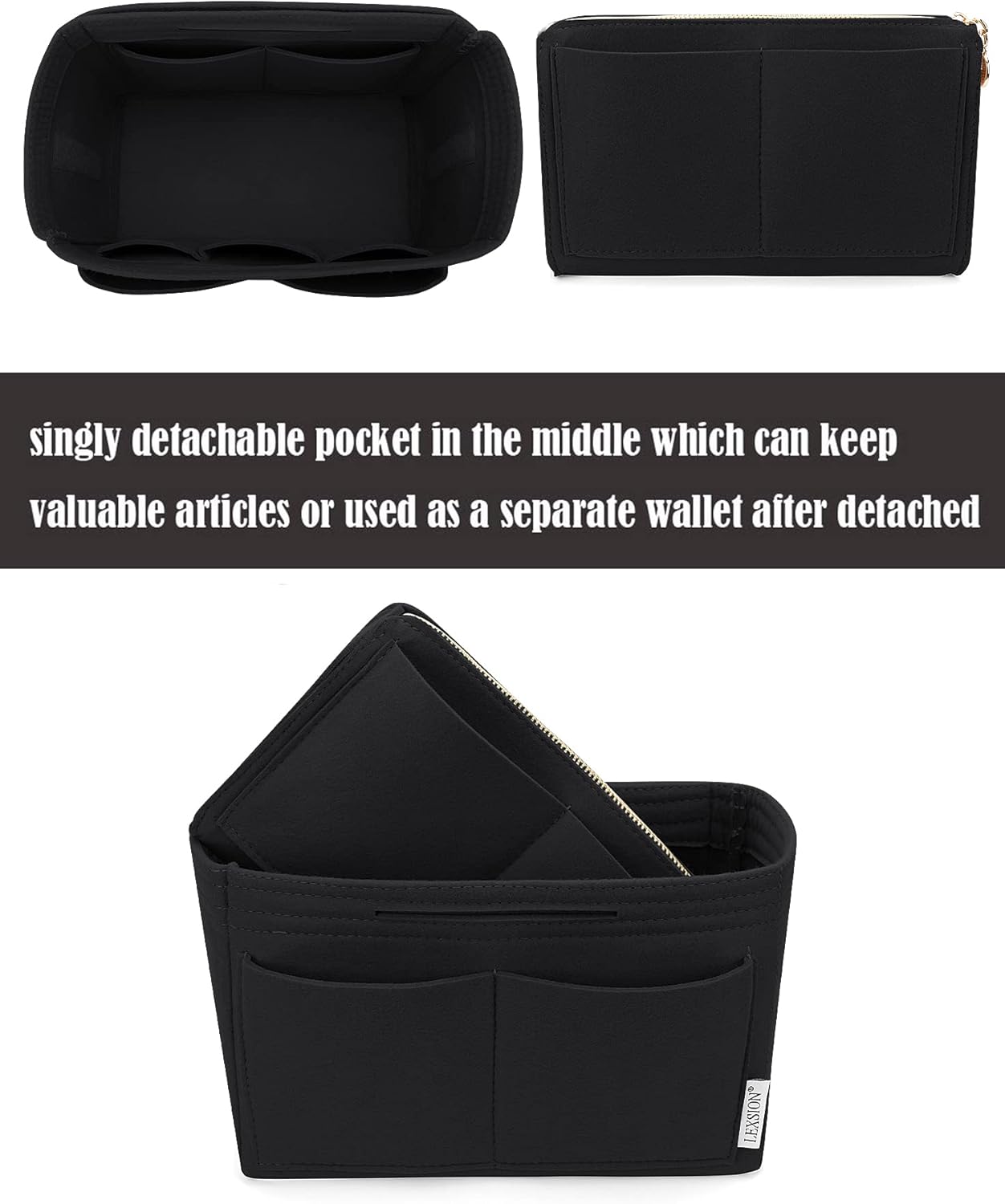 LEXSION Felt Purse Bag Organizer Insert with zipper Bag Tote Shaper Fit Speedy Neverful PM MM