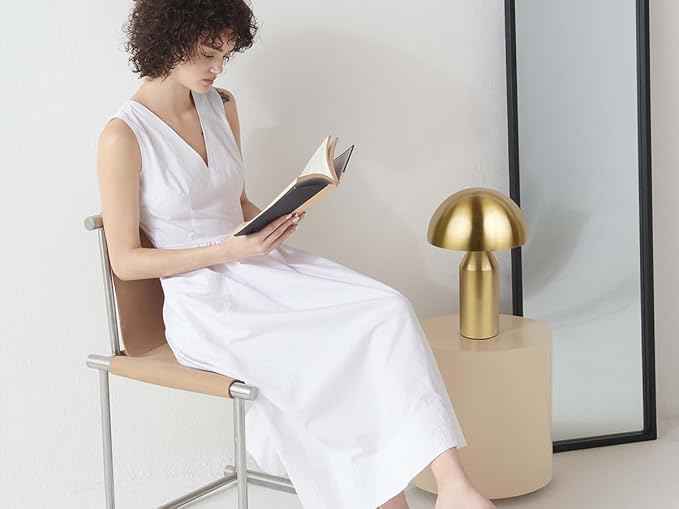 Brightech Venus Mushroom Table Lamp - Modern Lamp for Living Room, Bedroom Side/End Table - Dimmable, Unique Side Table LED Lamp Shade for Office, Reading - Brass/Gold, 14" Tall