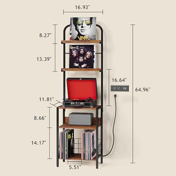 Record Player Stand with Power Outlet, Turntable Stand with 2-Tier Vinyl Record Storage, Record Player Table Up to 200 Albums, End Table for Vinyl Record Holder for Living Room