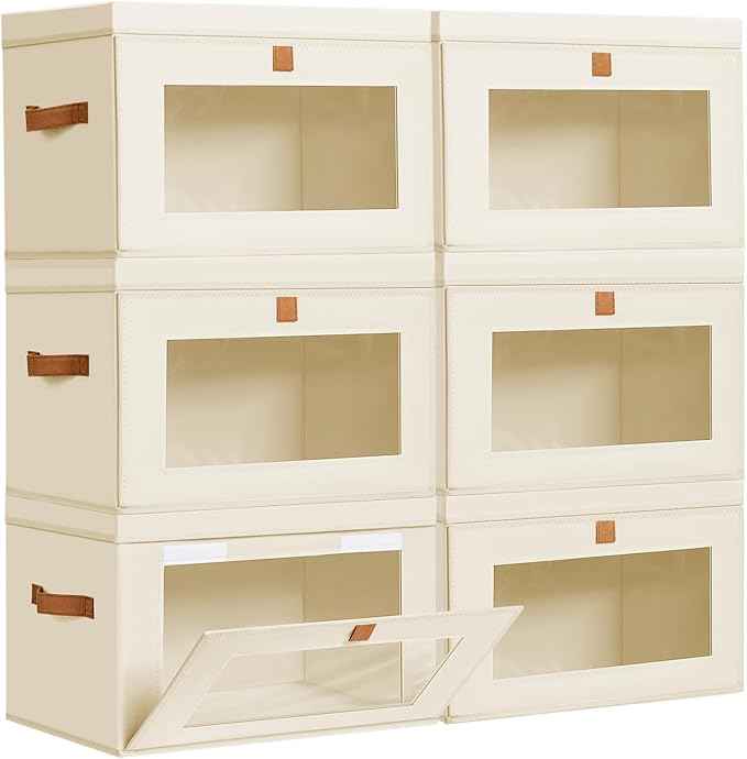 DIMJ Storage Bins with Lids - 6 Pack Large Fabric Closet Organizer with Window & Handles, Collapsible Decorative Storage Boxes for Shelves Under Bed, Books Clothes Blankets Sweaters Organization