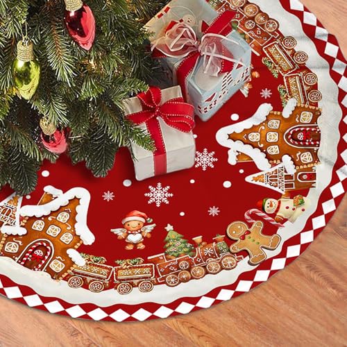 Red Gingerbread Christmas Tree Skirt Decorations House Decor Christmas Gingerbread Tree Ornaments Holiday Party Indoor Outdoor Xmas Trees Mat 36 inches