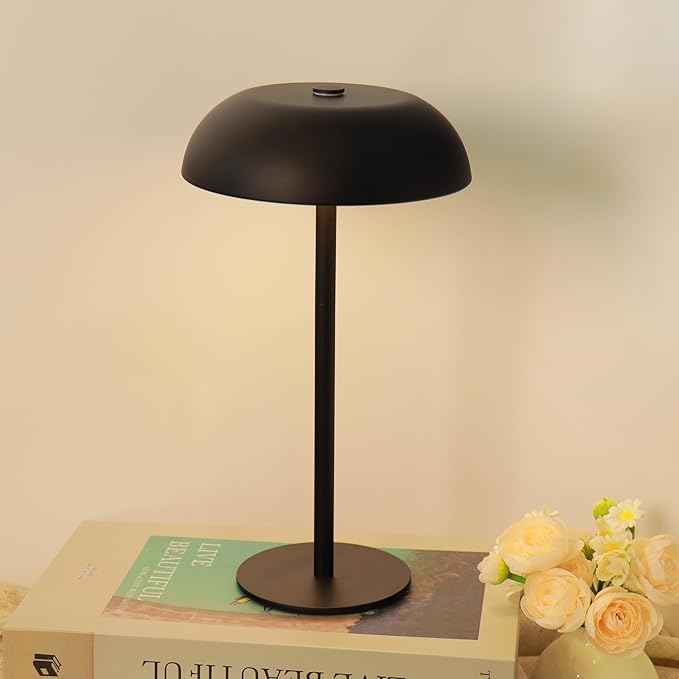 Portable Mushroom Table Lamp with 5200mAh Battery, Cordless LED Night Light with Stepless Dimming, 3 Color Modes & Adjustable Height for Bedroom, Patio, Bar Decor and Coffee Shop Ambiance (Balck-tall)