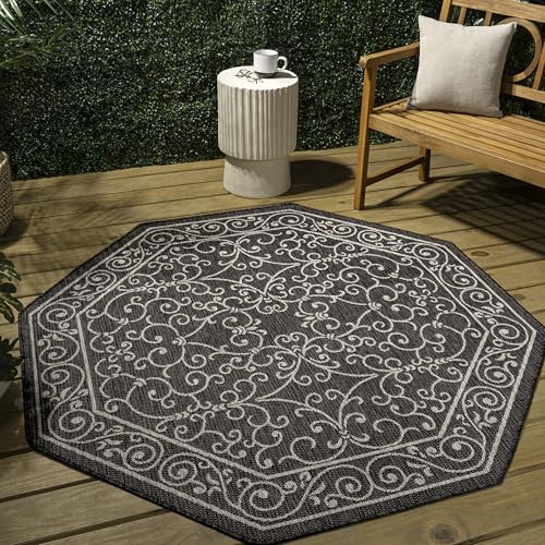 Vintage Filigree Indoor Outdoor Octagon Area Rug 5 Ft Black
