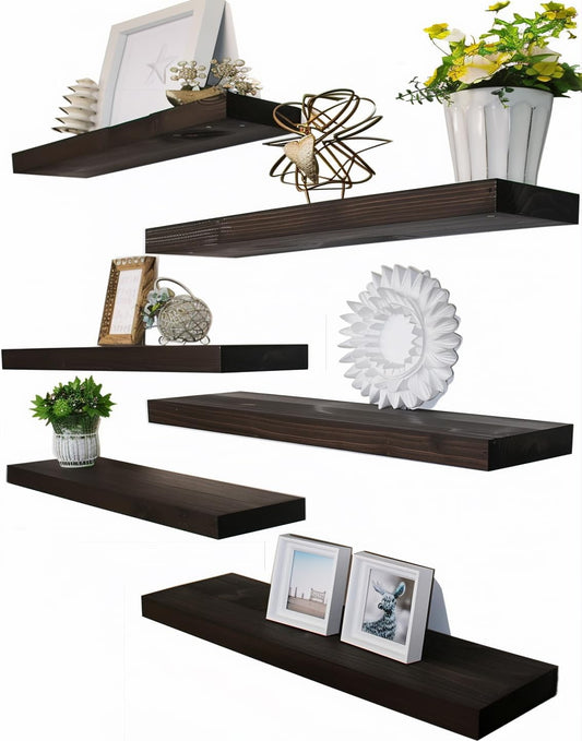 Brown Wood Floating Shelves for Wall Rustic Wall Shelves for Bedroom Set of 6 - Décor Diaries