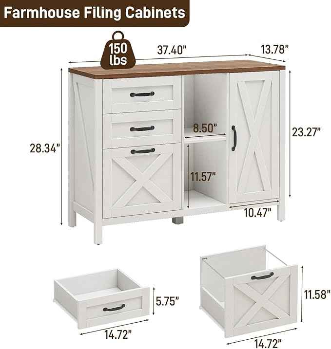 Vabches Lateral File Cabinet, Farmhouse 3 Drawer File Cabinet with Open Storage Shelf for Letter/Legal/A4 Size Hanging Files, Large Wood Storage Cabinets Printer Stand for Home Office, White