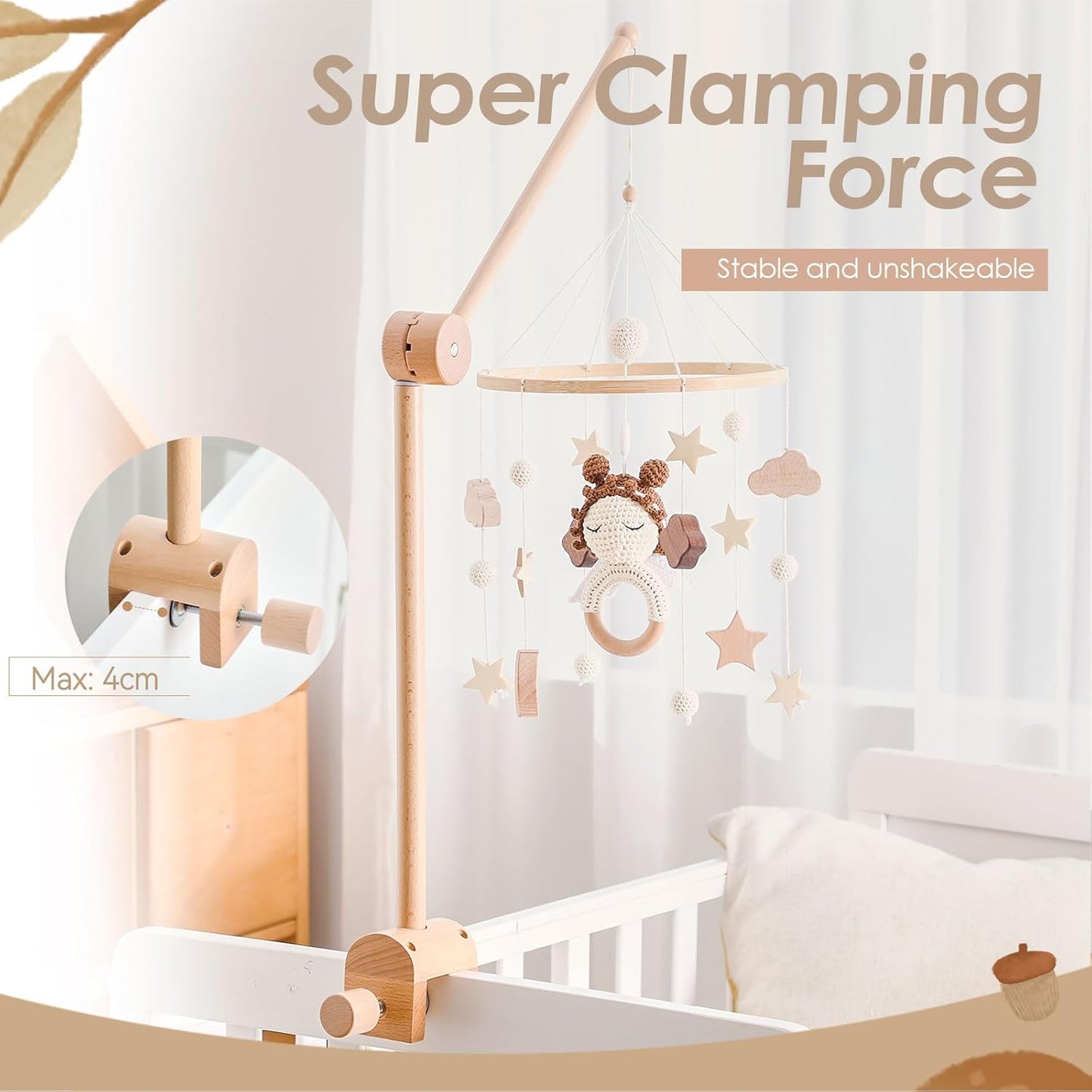 HI BABY MONMENT Crib Mobile Arm - Rotating Baby Mobile Hanger, Natural Beech Wood, Mobile Stand for Crib Nursery Decor, Perfect for Baby Girl or Boys