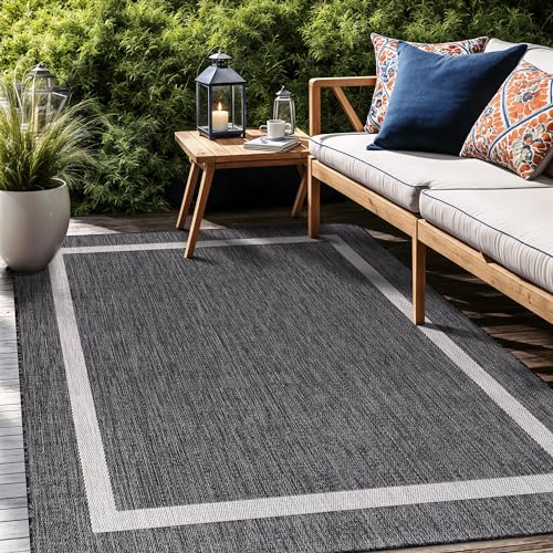 Bordered Outdoor Rug 10x14 Washable Outside Carpet for Indoor Patio Porch Waterproof Easy Cleaning Non Shedding Area Rugs Gray 10 x 14