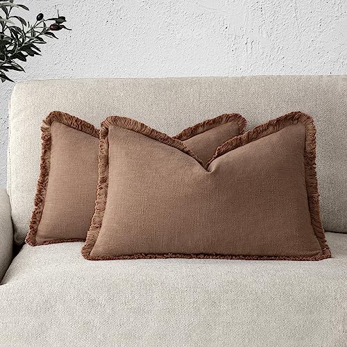 Decorative Linen Fringe Lumbar Throw Pillow Covers 12×24 Rust (2 Count)