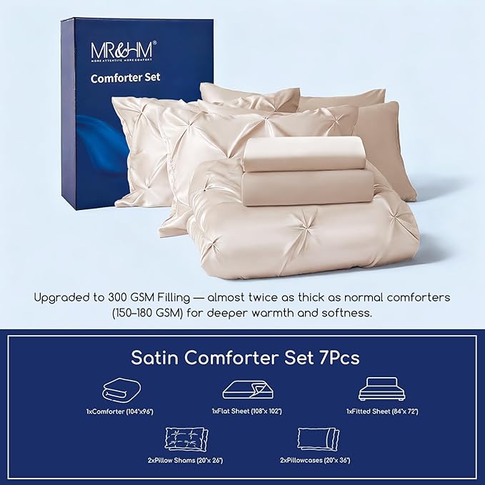 MR&HM Satin Comforter California King 7 Pieces Beige - Luxurious Pinch Pleat Bedding Set with Comforter, Flat Sheet, Fitted Sheet, Pillowcases & Shams, Super Silky Soft Bed Set for All Season