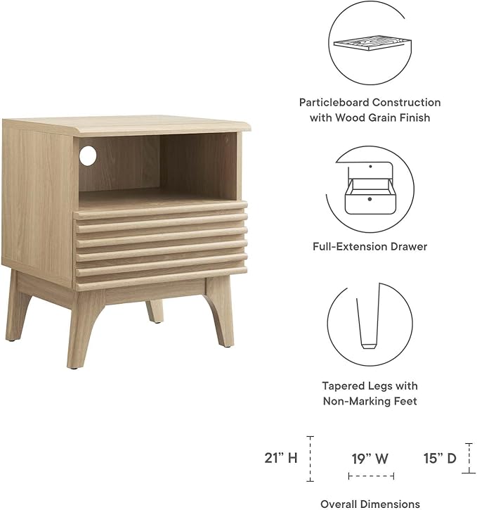 Modway Render Mid-Century Modern, One-Drawer Nightstand, Oak