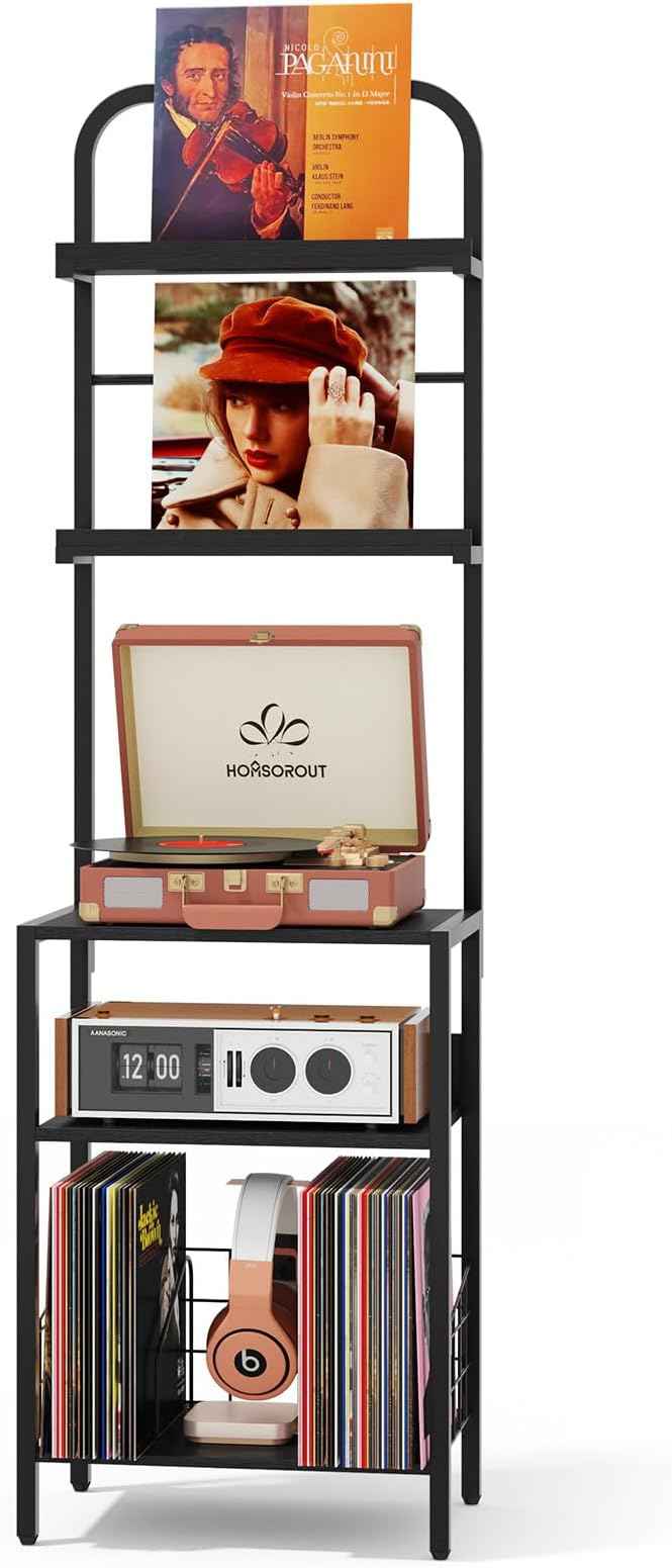 Record Player Stand with Vinyl Storage - 5-Tier Turntable Table with Adjustable Feet, Metal & Wood Cabinet - Console Organizer Display Shelf for Living Room, Apartment