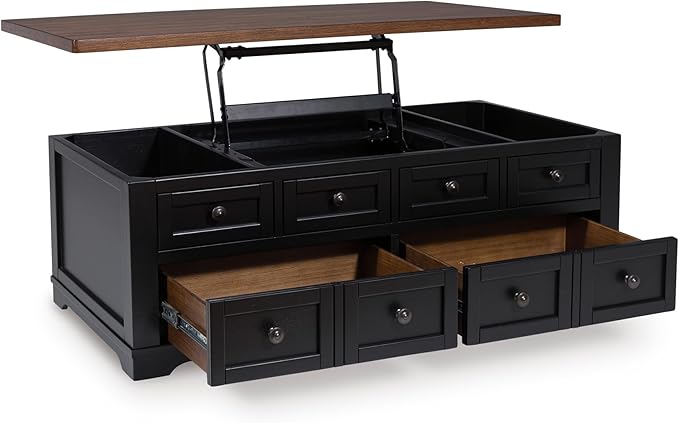 Signature Design by Ashley Wildenauer Lift Top Cocktail Table, Satin Finish Base, 2 Drawers, 2 Storage Bins, Hardwood Solids, 52" W x 28" D x 19" H, Light Brown & Black