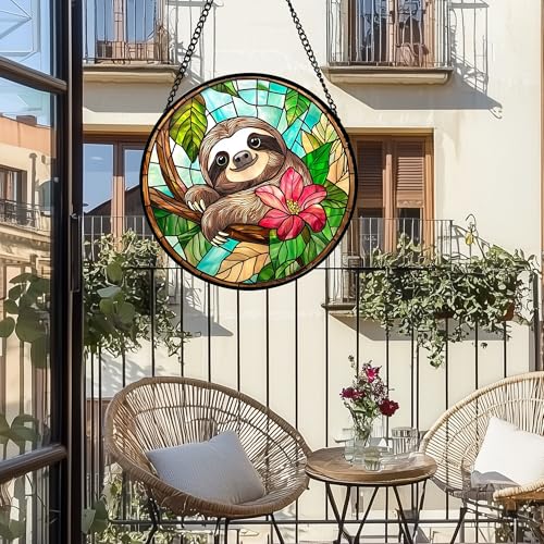 Stained Glass Window Hanging Sloth Flower Suncatcher Gifts for Women 6.3"