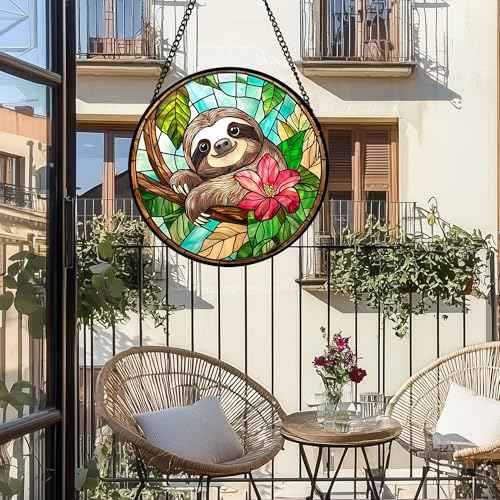 Stained Glass Window Hanging Sloth Flower Suncatcher Gifts for Women 7.8"