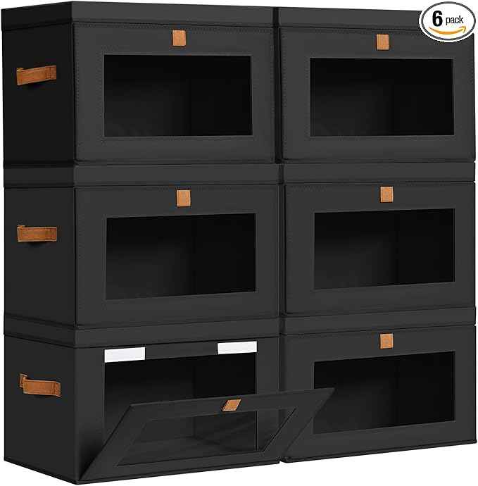 DIMJ Storage Bins with Lids - 6 Pack Large Fabric Closet Organizer with Window & Handles, Collapsible Decorative Storage Boxes for Shelves Under Bed, Books Clothes Blankets Sweaters Organization