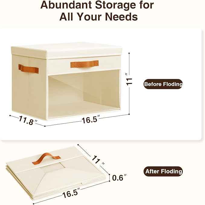 Foldable Decorative Organizers with Clear Windows & Handles, Collapsible Decorative Boxes with Lids, Fabric Containers for Living Room, Dorm, Beige