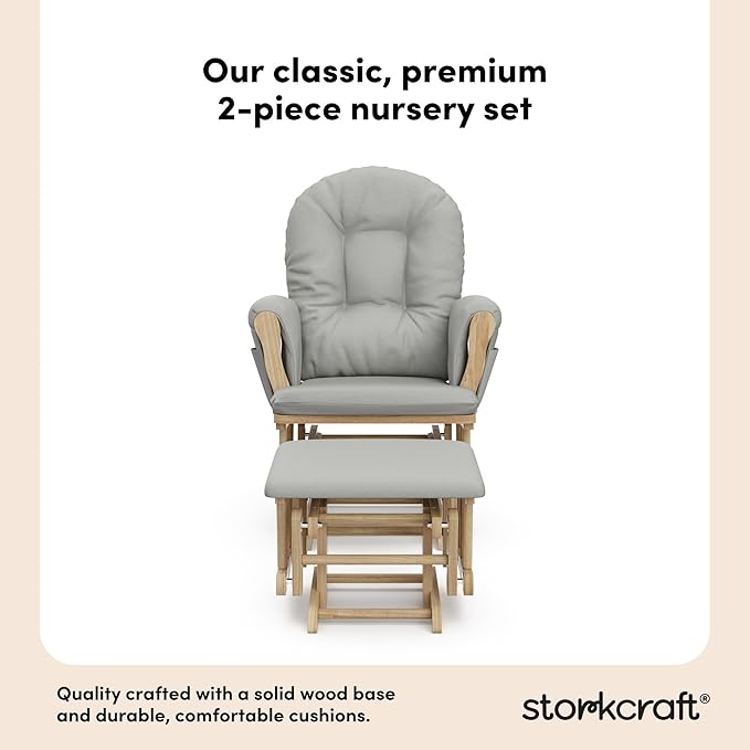 Storkcraft Premium Hoop Glider & Ottoman (Natural/Light Gray) — GREENGUARD Gold Certified Nursery Glider, Solid Wood Craftsmanship, Smooth-Gliding Nursery Chair and Ottoman, Award-Winning
