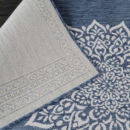 Outdoor Rug 9x12 Medallion Blue Modern Large Area Rugs for Indoor and Outdoor Patios Kitchen and Hallway Mats Washable Porch Deck Outside Carpet (108 Sq Ft)