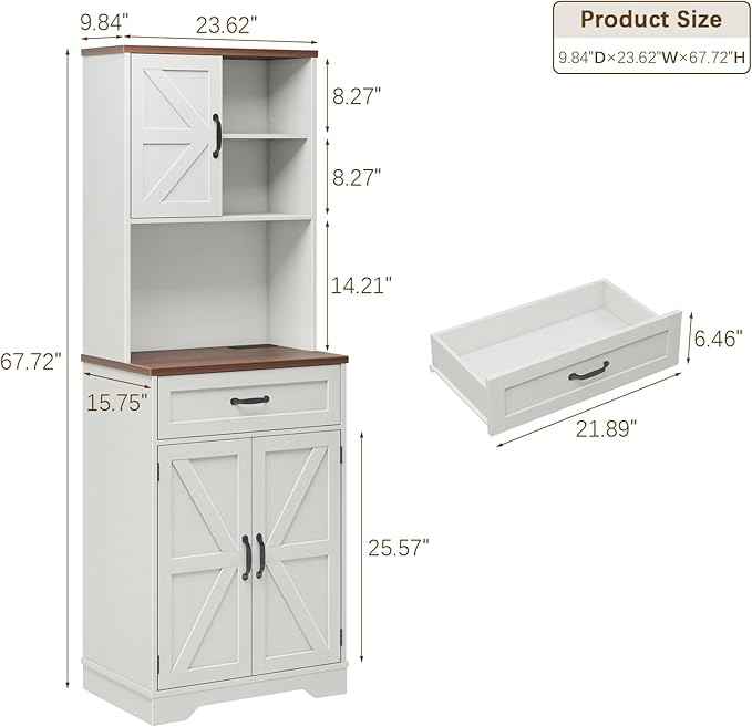 Vabches 68" Farmhouse Storage Cabinet with LED Light & Charging Station, Tall Kitchen Pantry Storage Cabinet with Storage Drawers, Coffee Bar with Hutch for Home Dining Living Room, Rustic White