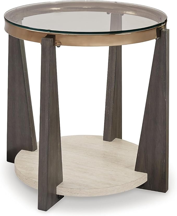 Signature Design by Ashley Frazwa Modern Glass-Tabletop End Table with Open Lower Shelf, Dark Brown & Beige