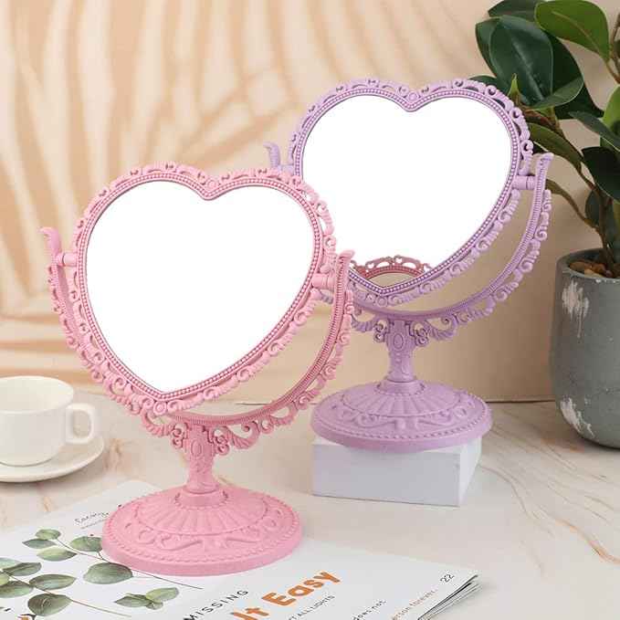 AKOAK Heart-Shaped Cosmetic Mirror - Plastic, Double-Sided, Rotatable, Lightweight - Bathroom & Bedroom Mirror (Purple)