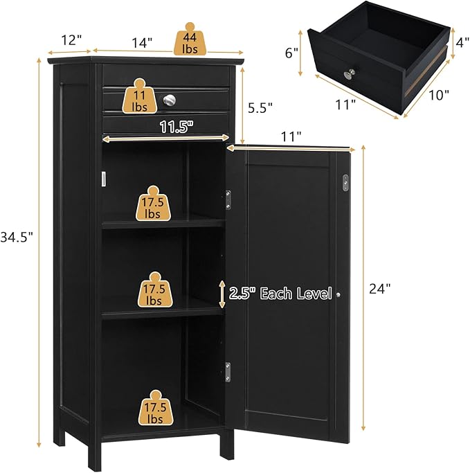 COSTWAY Bathroom Storage Cabinet, Single Door Floor Cabinet with Drawer and 3-Level Adjustable Shelves, Modern Side Storage Organizer with Anti-Tipping Device for Living Room, Bedroom (Black)