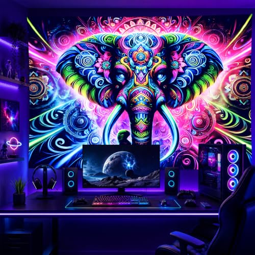 Blacklight Tapestry Elephant Mandala Wall Art 78 x 59 Inch