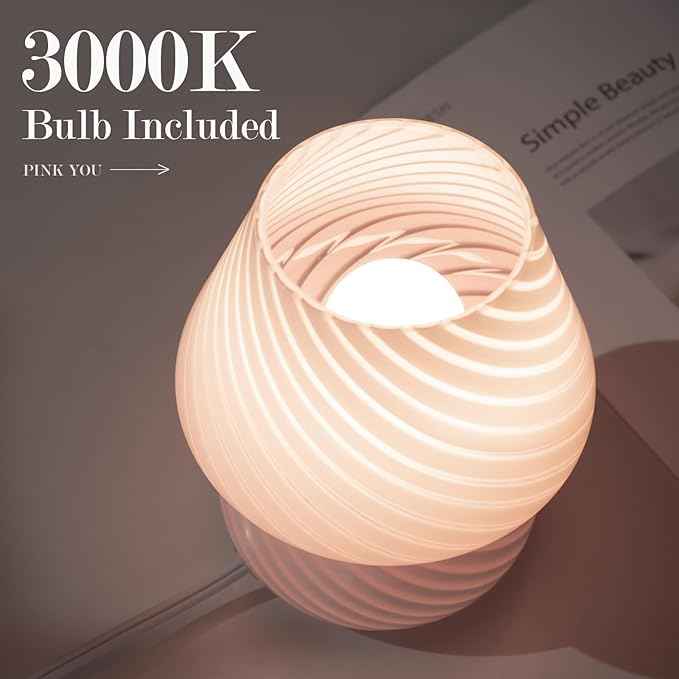ONEWISH Mushroom Lamp-Small Bedside Table Lamp with Striped Glass, Nightstand Lamp for Bedroom, Living Room, Cafe, Bulb Included, Home Decor for Girls Women, Pink