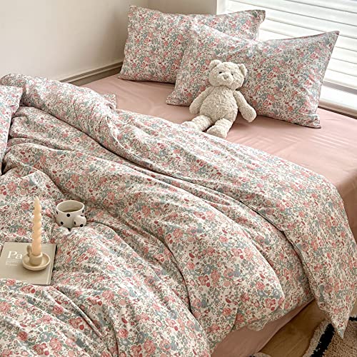Queen Size Comforter Set Boho Pink Floral Bedding Comforter with 2 Pillowcases Vintage Garden Style Boho Comforter for Queen Bed Cute Flower Bedding Fluffy Cottagecore Botanical Comforter Set