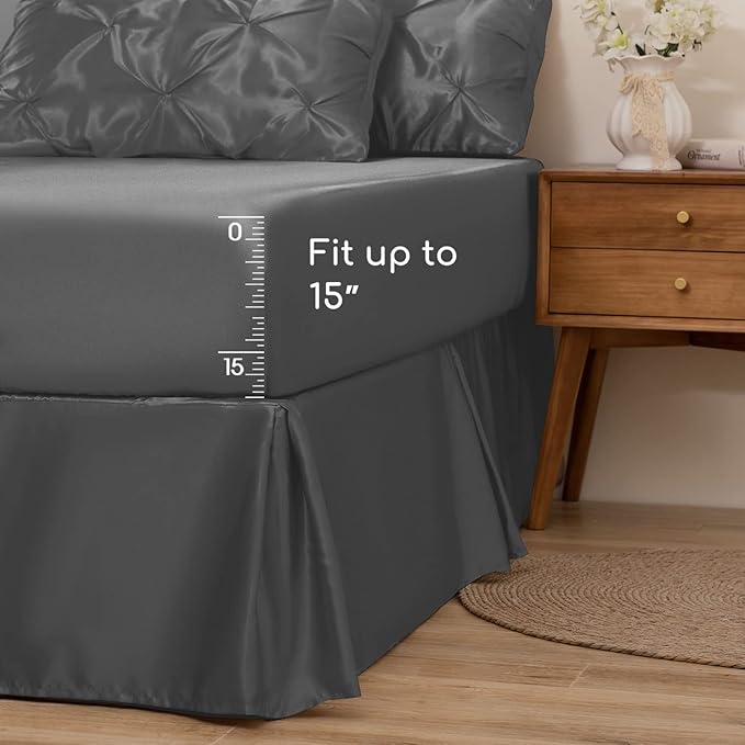 MR&HM Satin Comforter King 7 Pieces - Luxurious Pinch Pleat Bedding Set with Comforter, Flat Sheet, Fitted Sheet, Pillowcases & Shams, Super Silky Soft Bed Set for All Season (King, Dark Grey)