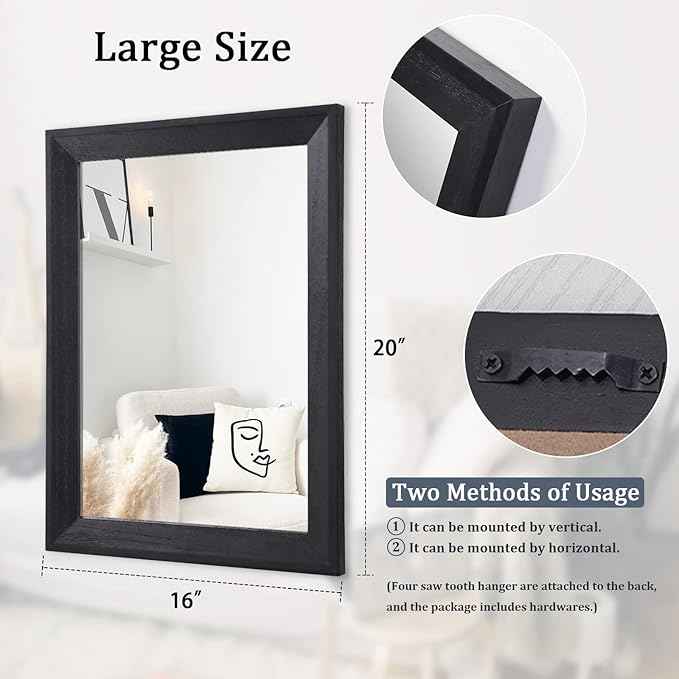 AAZZKANG Black Mirrors for Wall Rectangle Wood Framed Large 20"x16" Decorative Wall Mirror for Bedroom Bathroom Living Room Dressing Room Entryway