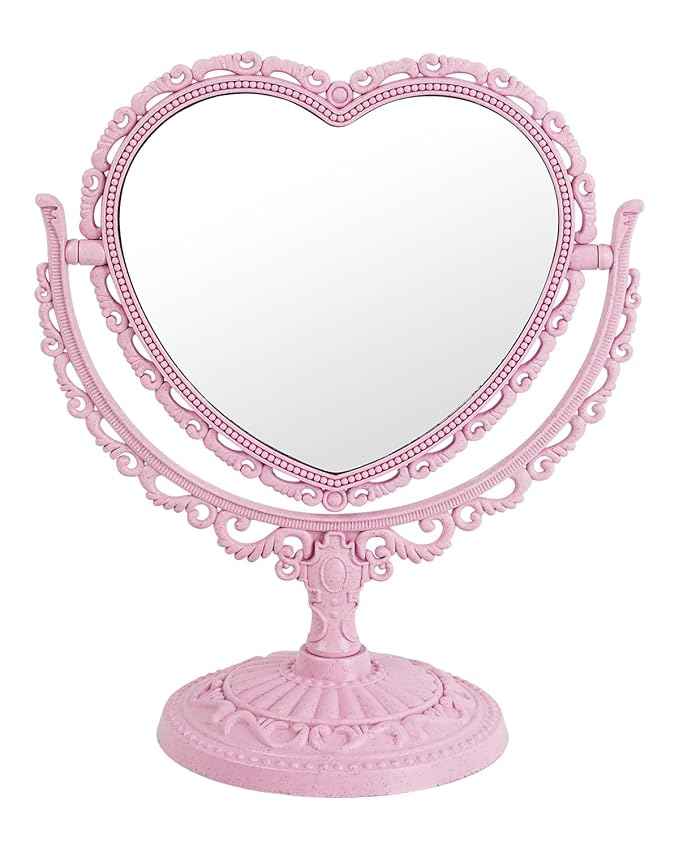 D&XQAUO Pink Heart Mirror for Desk Cute Coquette Room Decor Small with Stand,Vanity & Bathroom Double-Sided Rotating Makeup Table Mirror