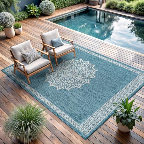 Outdoor Rug 6x9 Medallion Aqua Modern Area Rugs for Indoor and Outdoor Patios Kitchen and Hallway Mats Washable Porch Deck Outside Carpet (60 Sq Ft)