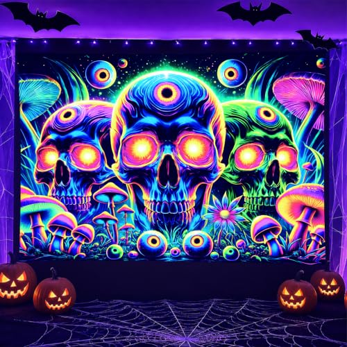 Blacklight Tapestry Skull Meditation Neon Decor 78 x 59 Inch