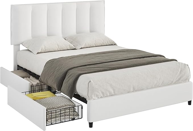 VECELO Queen Size Bed Frame with 4 Storage Drawers, Adjustable Height Headboard, Heavy-Duty Platform Bedframe with Strong Wooden Slats, No Box Spring Needed, Pure White