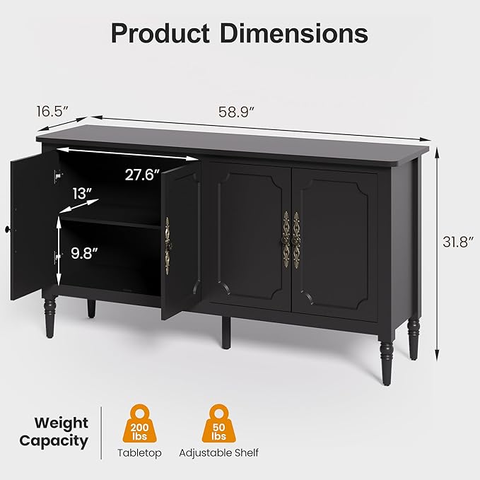 RoyalCraft 59" Buffet Cabinet with Storage, Vintage Sideboard with Adjustable Shelves & Carved Handle, Mid Century Modern Painted Credenza Coffee Bar for Kitchen, Dining Room, Satin Black