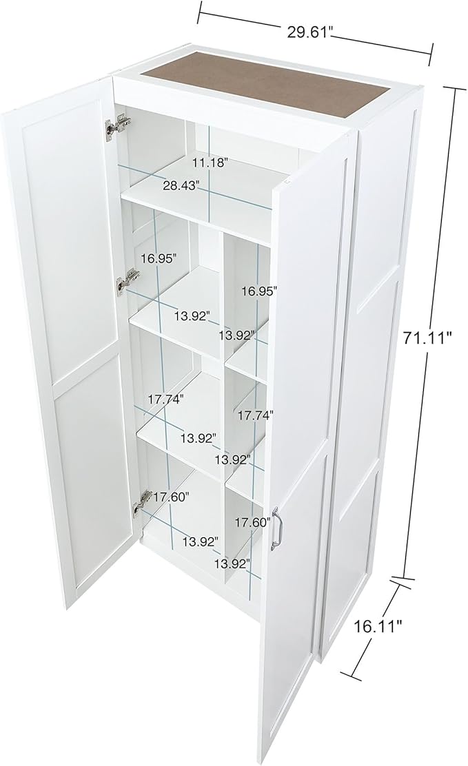 Manhattan Comfort Cornelia Modern Tall Storage Cabinet with Doors and Adjustable Shelves 1.0 - Freestanding Pantry Organizer for Kitchen, Laundry Room, Garage, or Mudroom, Set of 1, White
