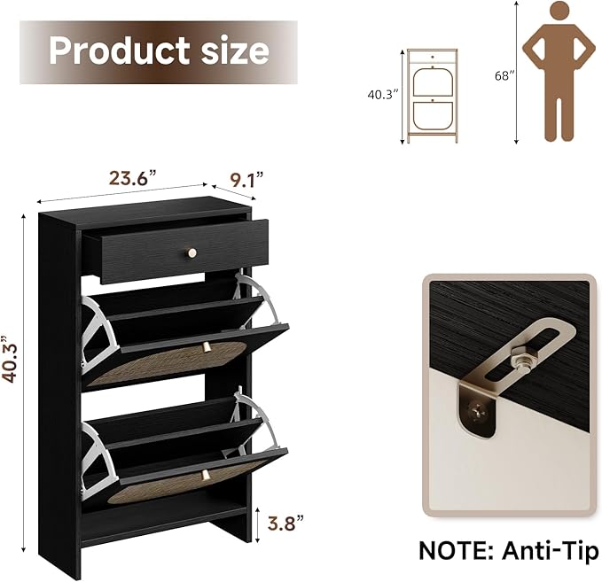 Nicetree Shoe Cabinet for Entryway, Slim Shoe Rack with 2 Flip Drawers and Top Storage Drawer, Narrow Shoe Organizer with Printed Rattan-Look Design, Entryway Shoe Storage for Size 12 Shoes, Black