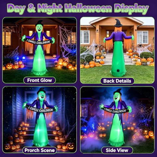 8FT Halloween Inflatable Witch Decorations for Outdoor Yard with LED Lights (Greenish Purple)