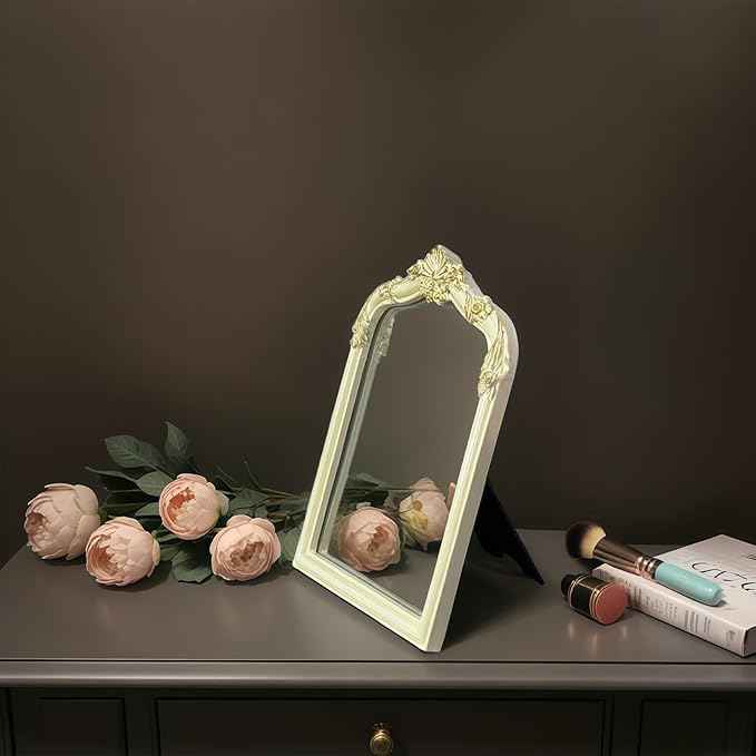 Cream Flower Bow Mirror - 13x10 Inch Perfect Elegant Decorative Accent, Wall-Mounted Tabletop Makeup Mirror for Nursery Baby Room Bedroom Decor